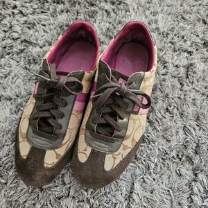 Coach Women's Khaki Signature & Brown Sneakers with Pink Trim